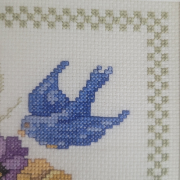 Blue Bird and Pansy Cross-stitch framed matted and under glass ready to hang - Picture 3 of 8